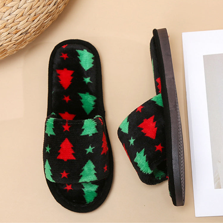 Multicolor Christmas Themed Fleece Open Toed House Shoes