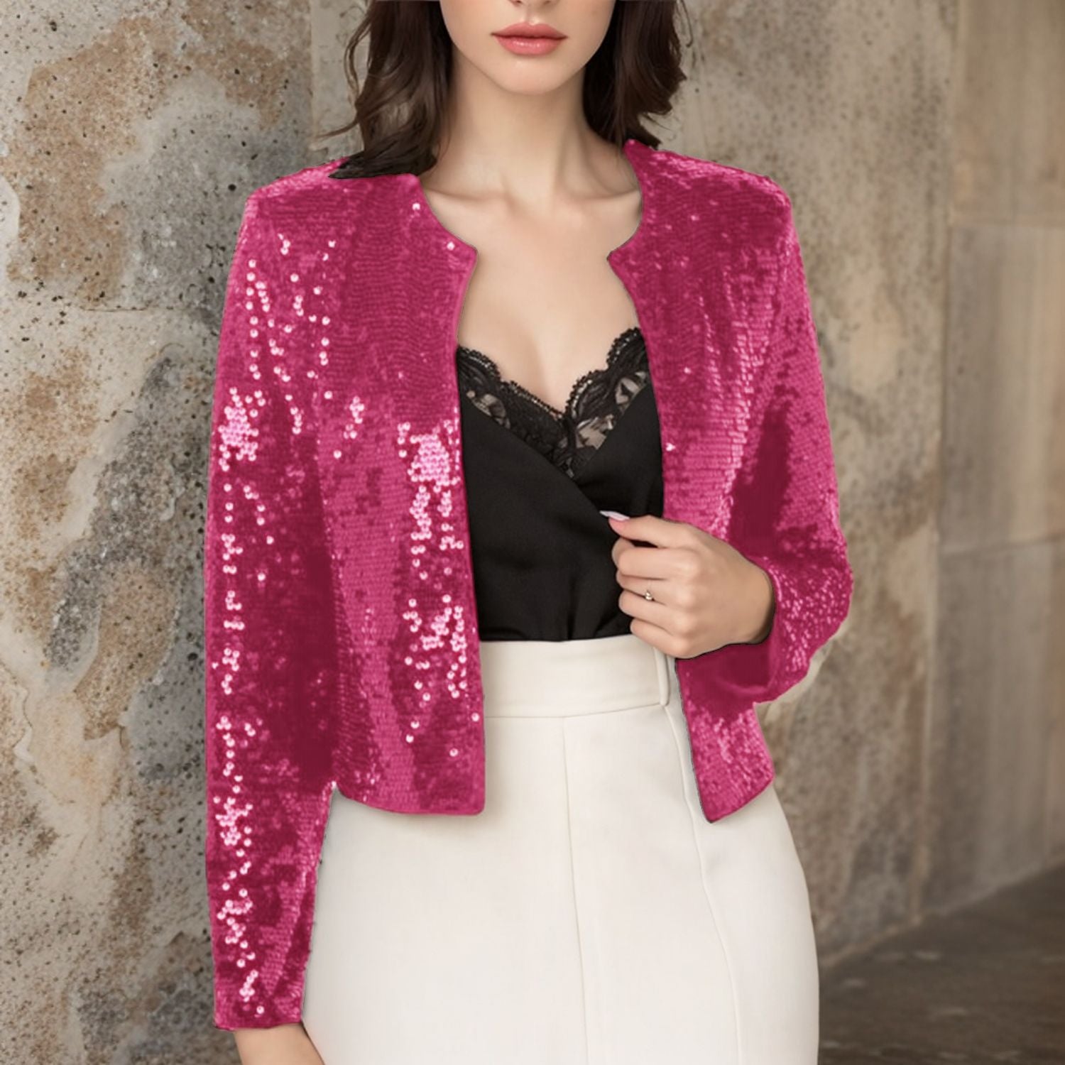 Crew-neck Long-sleeve Solid-color Cardigan Casual Sequin Jacket