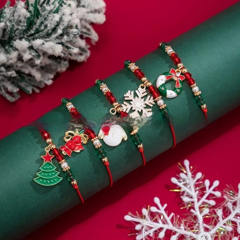 5-Piece Christmas Ribbon & Bead Bracelet Set With Tree, Bell, Snowflake, Wreath & Snowman