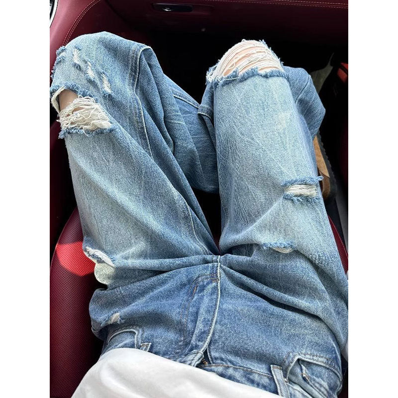 High-waisted Washed Design Slim Wide-leg Pants