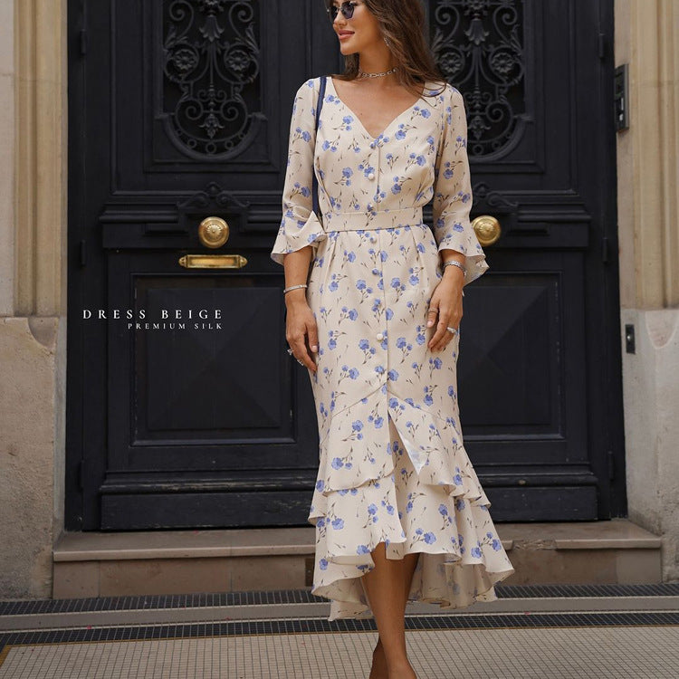 Asymmetric V-Neck Delicate Floral Dress with Breezy Flared Sleeves-Theone Apparel