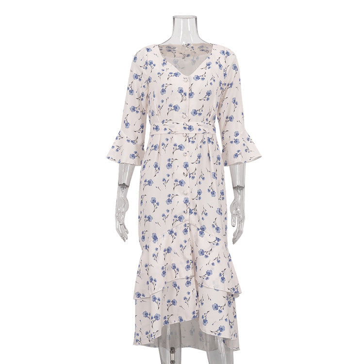 Asymmetric V-Neck Delicate Floral Dress with Breezy Flared Sleeves-Khaki-Theone Apparel