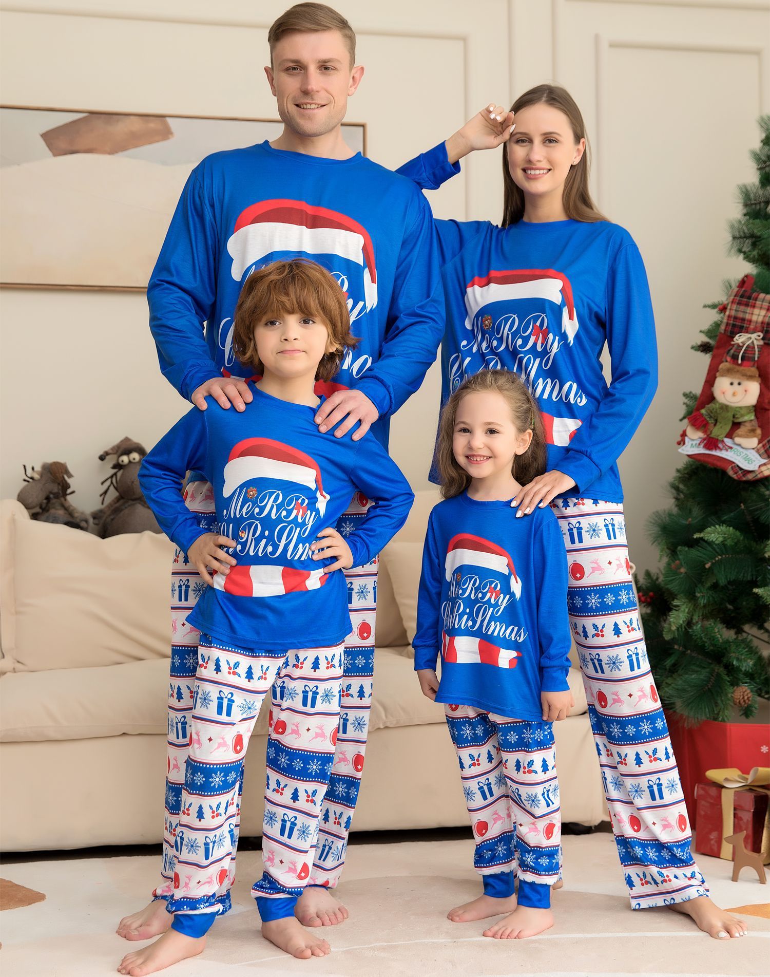 Blue and White Merry Christmas Matching Family Pajama Set-Theone Apparel