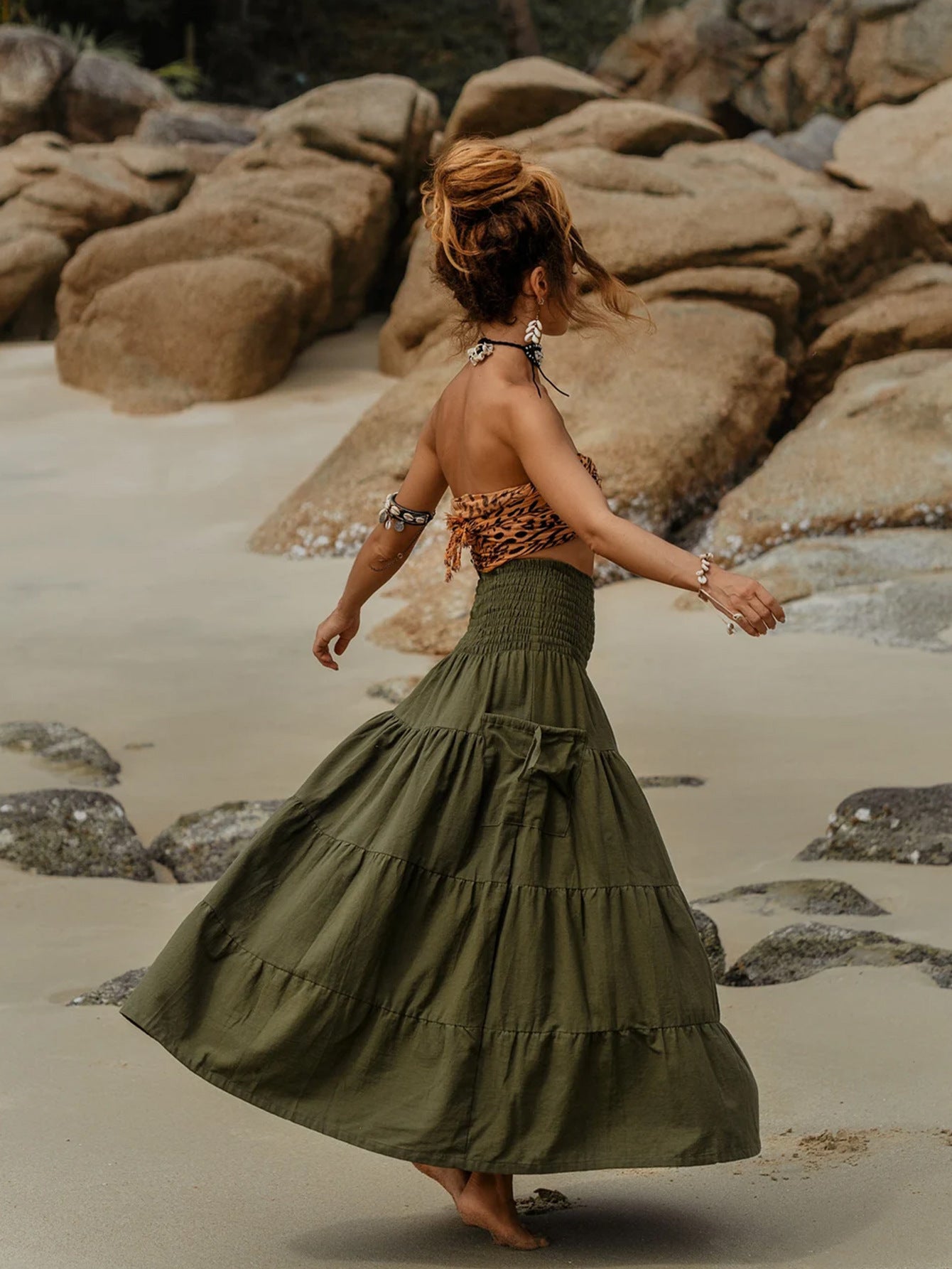 Bohemian Loose Solid Skirt For Relaxed Everyday Comfort-Army Green-Theone Apparel