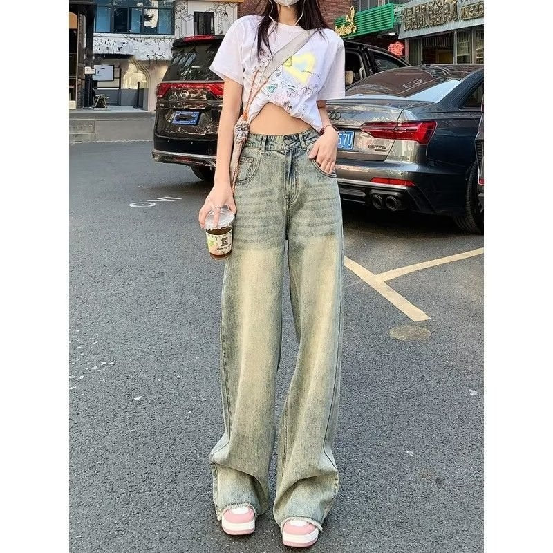 Cement Yellow Wide-Leg Jeans with Retro Spring Vibe-Blue-Theone Apparel