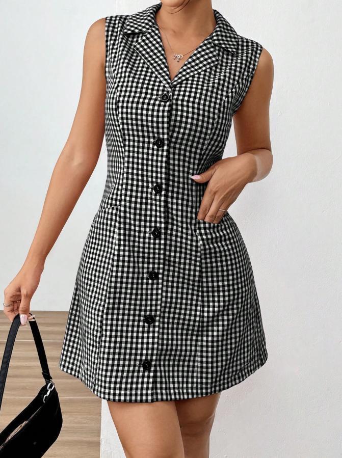 Chic French Plaid Lapel Dress with Vintage Retro Allure-Black-Theone Apparel