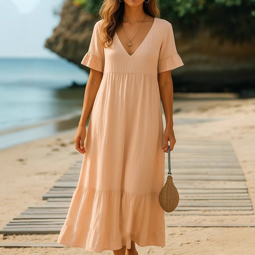 Chic V-Neck Solid-Color Dress with Multicolor Stitching Accents-Theone Apparel