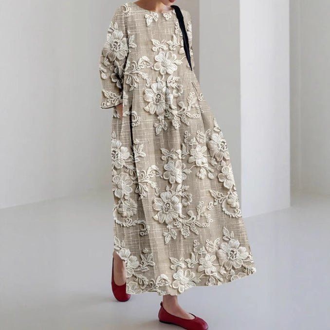 Creative Three-Quarter Sleeve Floral Dress with Relaxed Silhouette-Theone Apparel