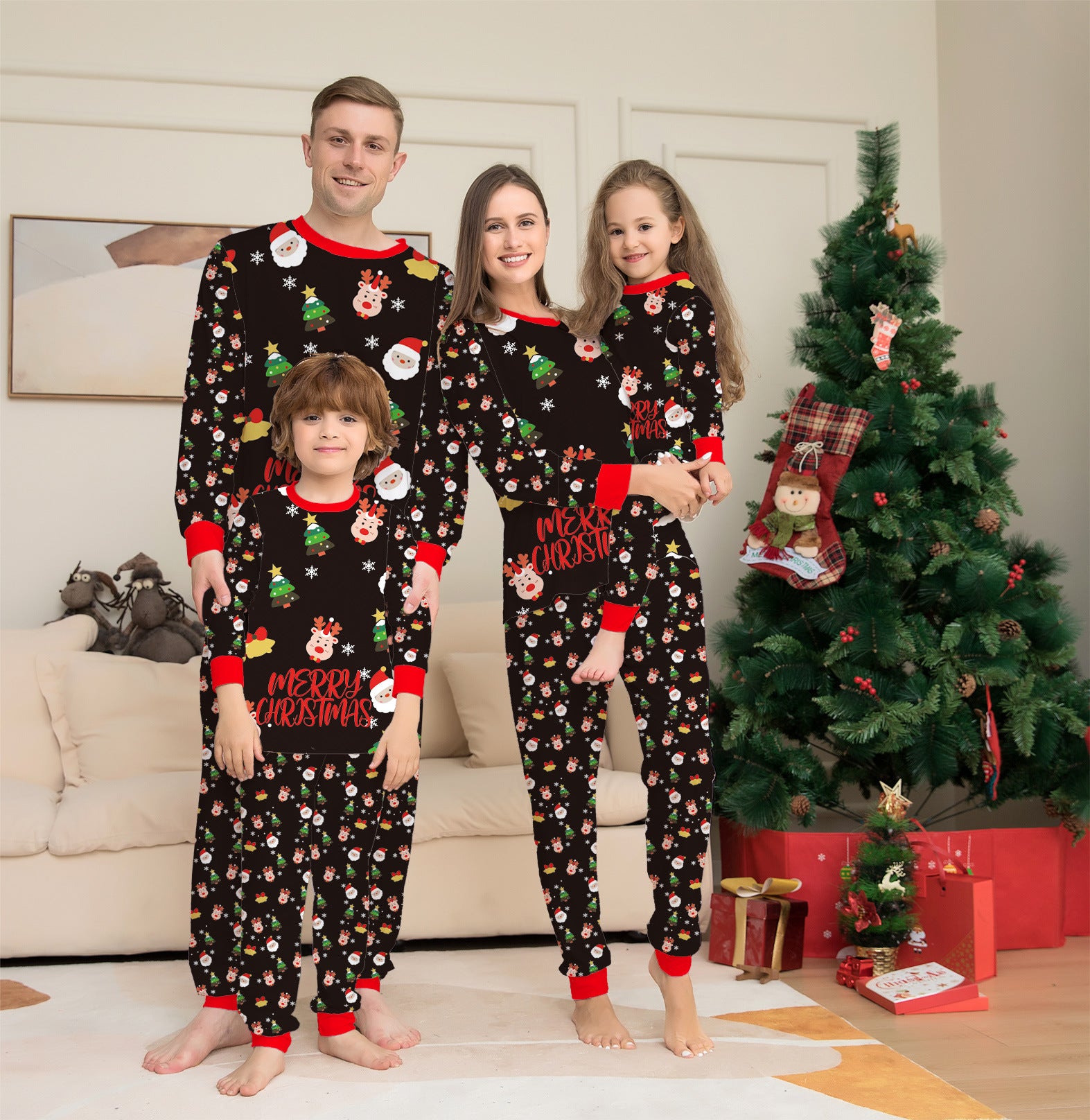 Cute Merry Christmas Red and Black Matching Family Pajama Set-Black-Theone Apparel