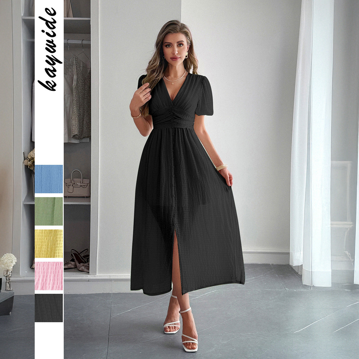Deep V Short-Sleeve Maxi Dress with Elegant Vacation Flair-Theone Apparel