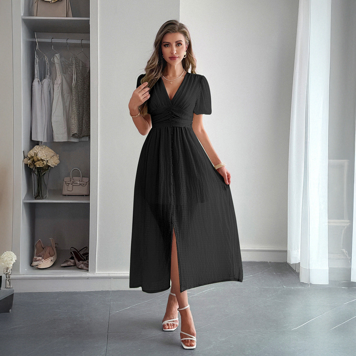 Deep V Short-Sleeve Maxi Dress with Elegant Vacation Flair-Black-Theone Apparel