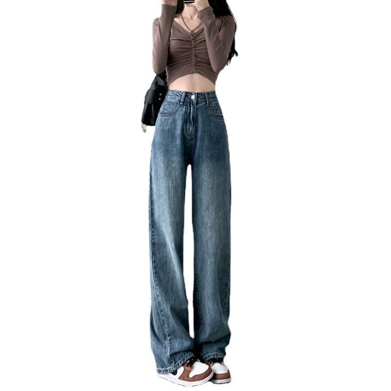 Draped Wide-Leg Mop Jeans for Plus-Size Chic Movement-Blue-Theone Apparel