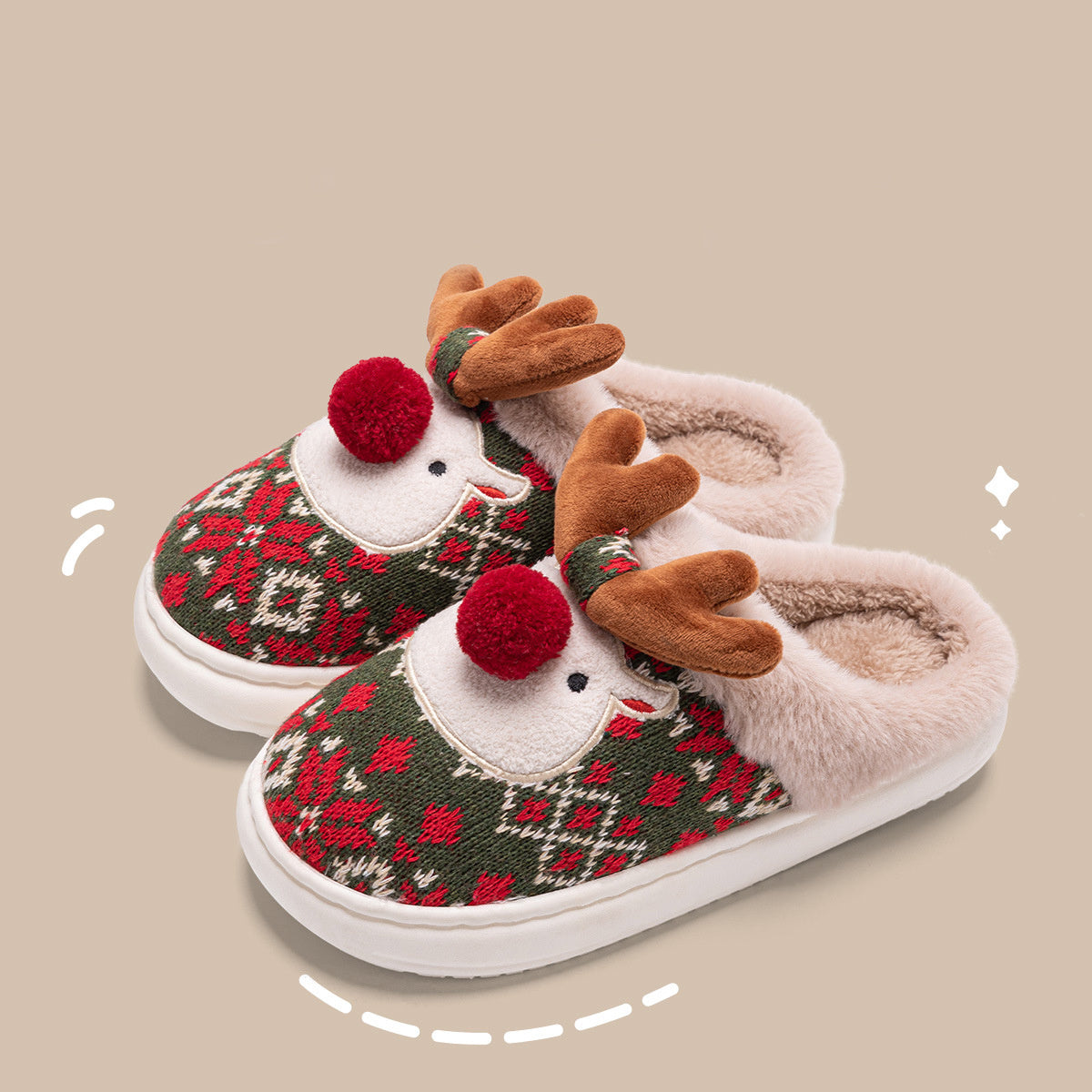 Durable and Soft 3D Reindeer House Shoes with Traction Soles-Green-Theone Apparel