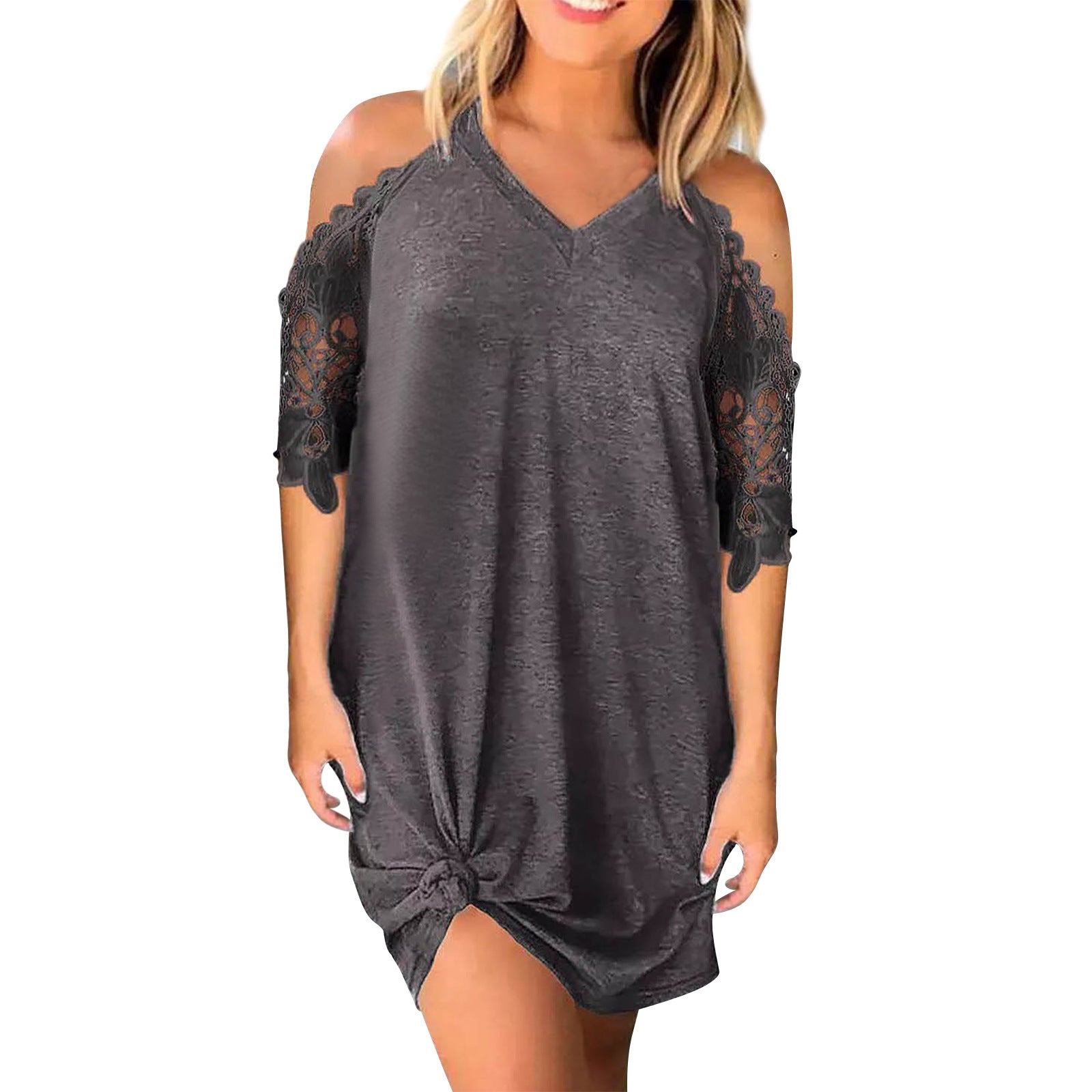 Elegant Cold Shoulder Lace Patchwork V-Neck Solid-Color Midi Dress-Theone Apparel