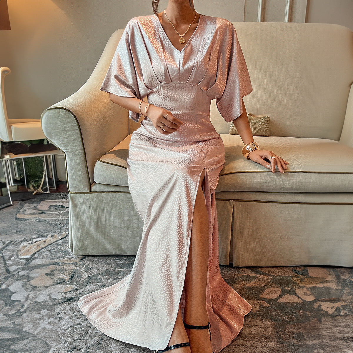 Elegant Midi Split Dress with Retro Short Sleeves and Charm-Theone Apparel