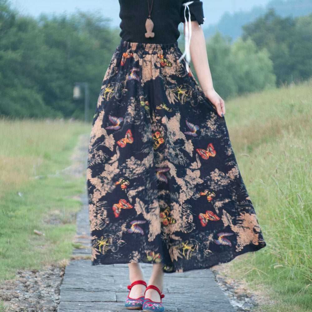 Ethnic Style Cotton Linen Swing Skirt With Elastic Waist-Black with Butterflies-Theone Apparel