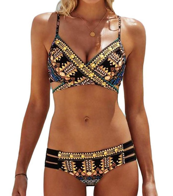 Ethnic Style Cross-Strap Bikini with Bold Print Accents-Theone Apparel