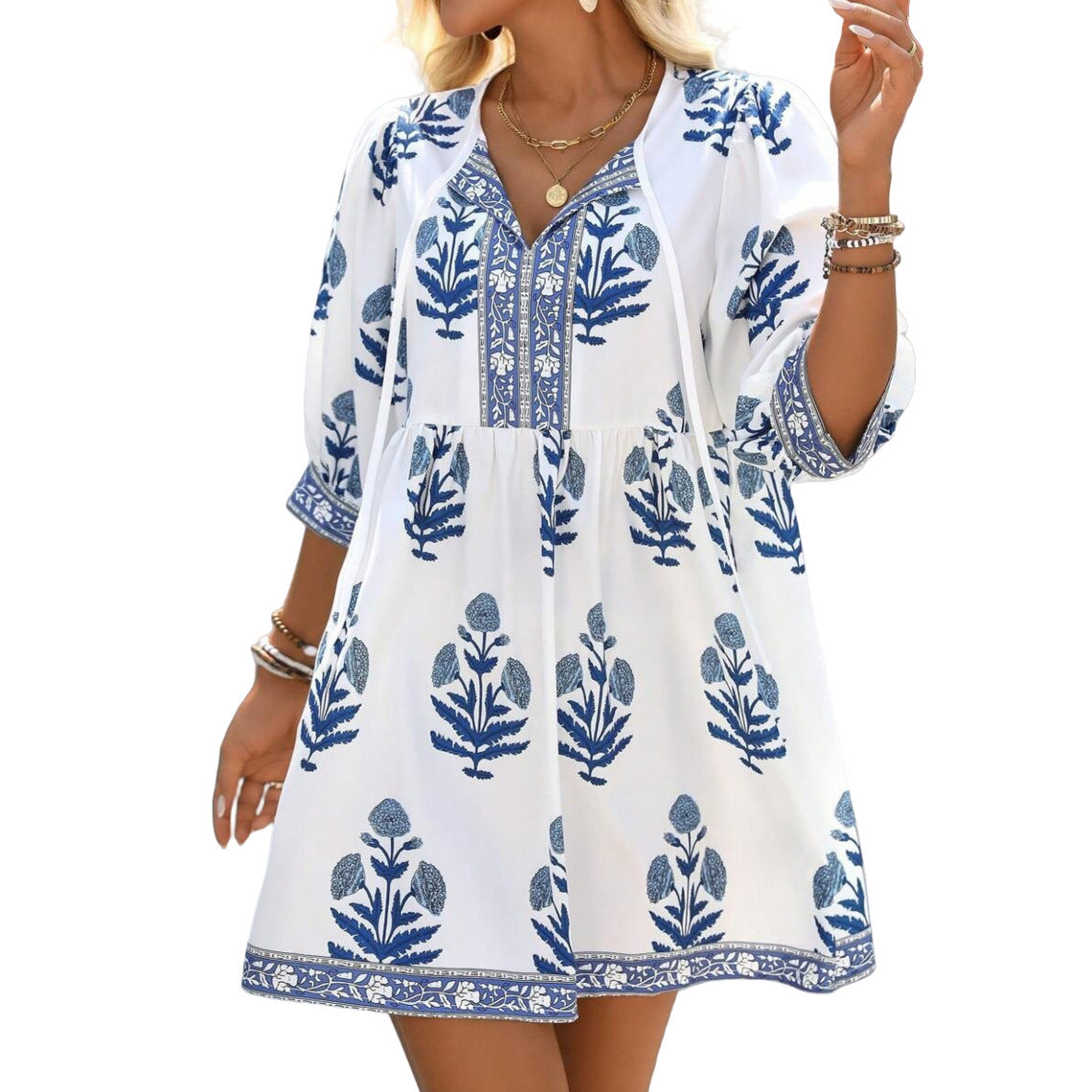 Festival-Ready Plant Print Dress with Boho Holiday Vibes-Theone Apparel