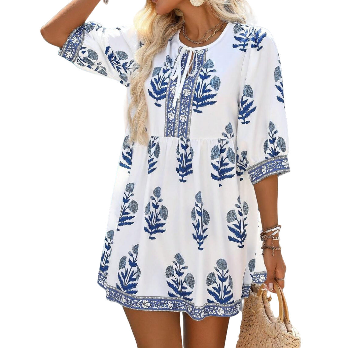 Festival-Ready Plant Print Dress with Boho Holiday Vibes-Theone Apparel