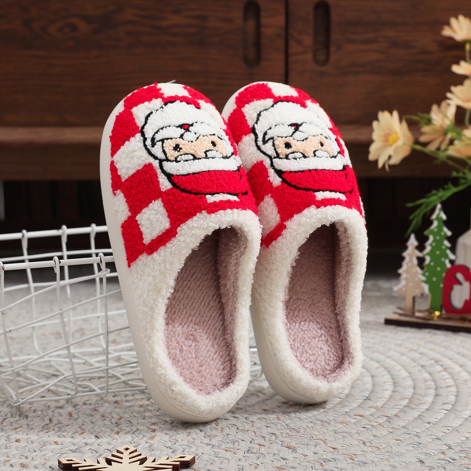 Festive Red and White Checkered Santa Claus Fleece Slipon Shoes-Theone Apparel