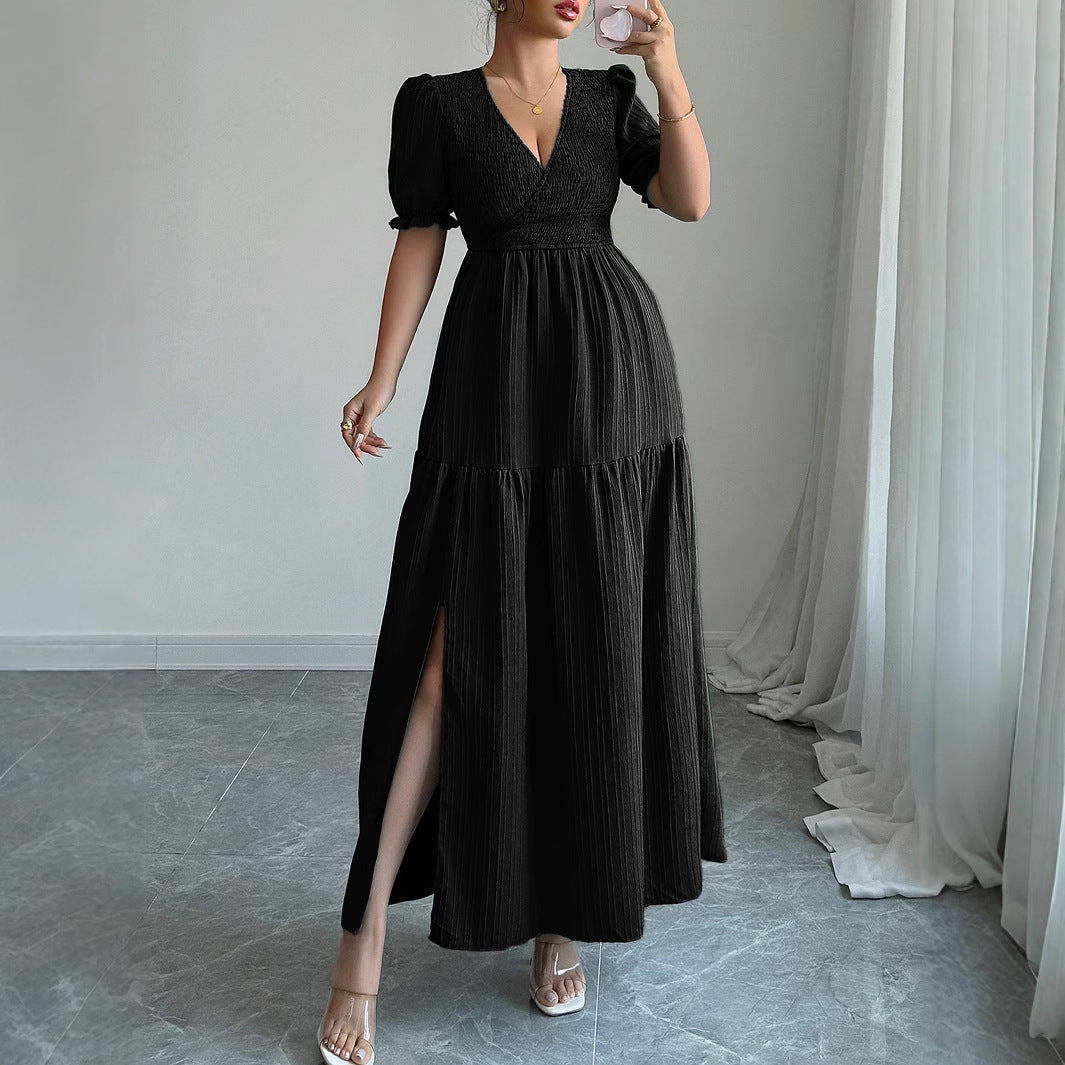 High-Sense Deep V-Neck Dress with Modern Luxe Appeal-Black-Theone Apparel