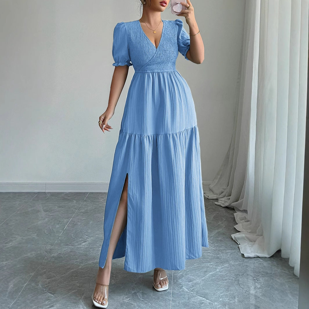 High-Sense Deep V-Neck Dress with Modern Luxe Appeal-Blue-Theone Apparel