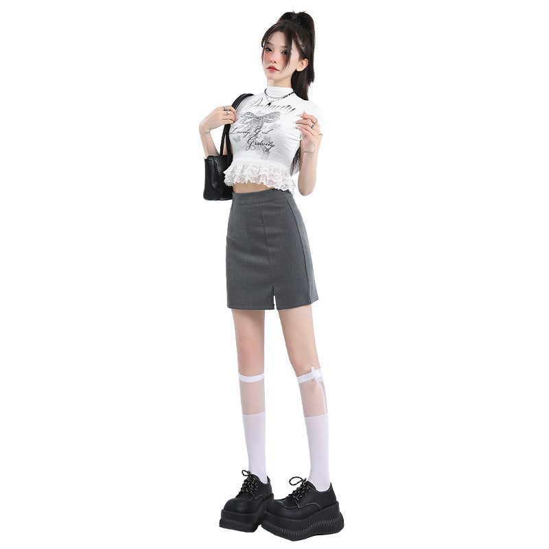 High Waist Gray Slit Skirt With Anti Exposure Design-Theone Apparel