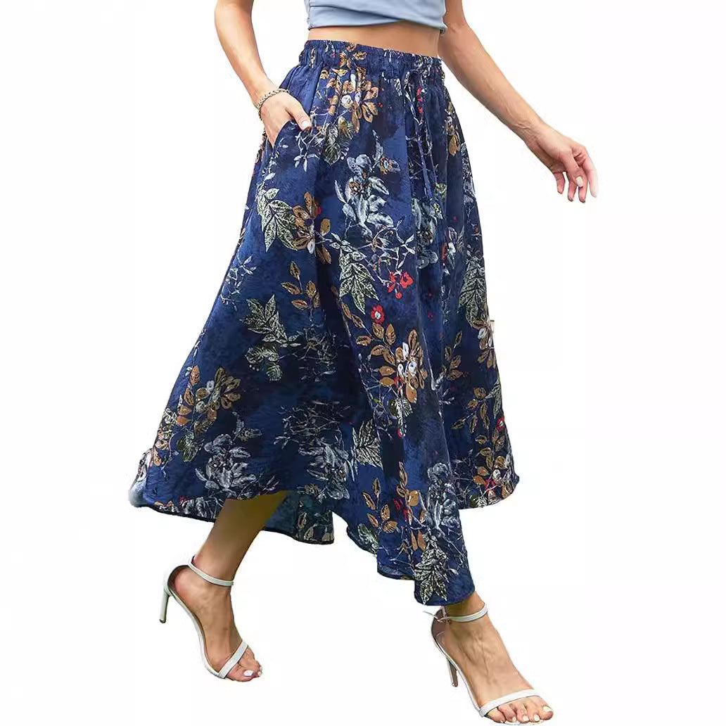High Waist Lace Print Swing Skirt With Double Pockets-Theone Apparel