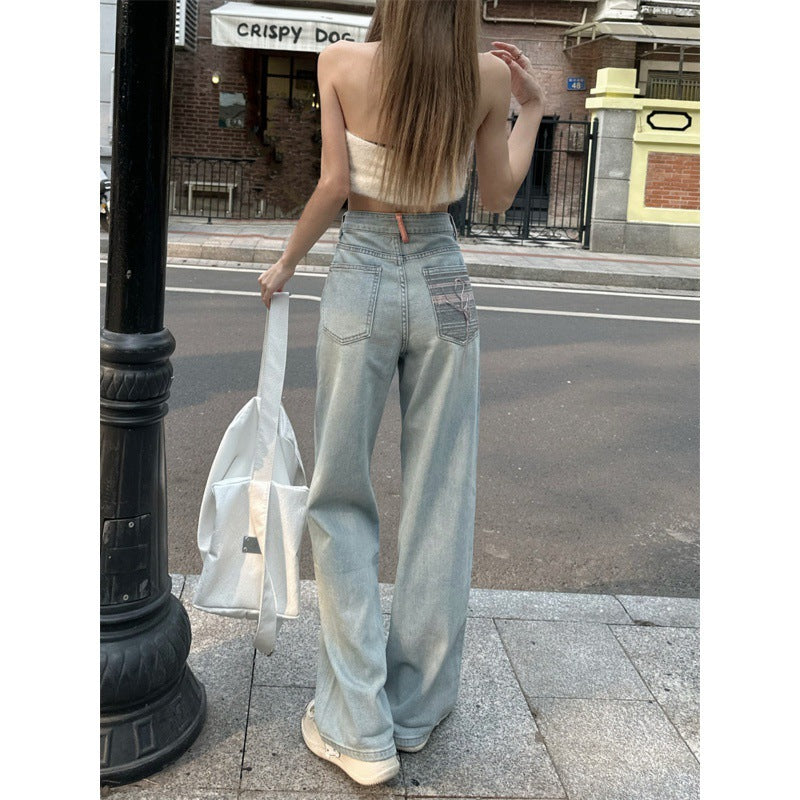 Light Blue Summer Washed Wide-Leg Floor-Length Jeans-Theone Apparel