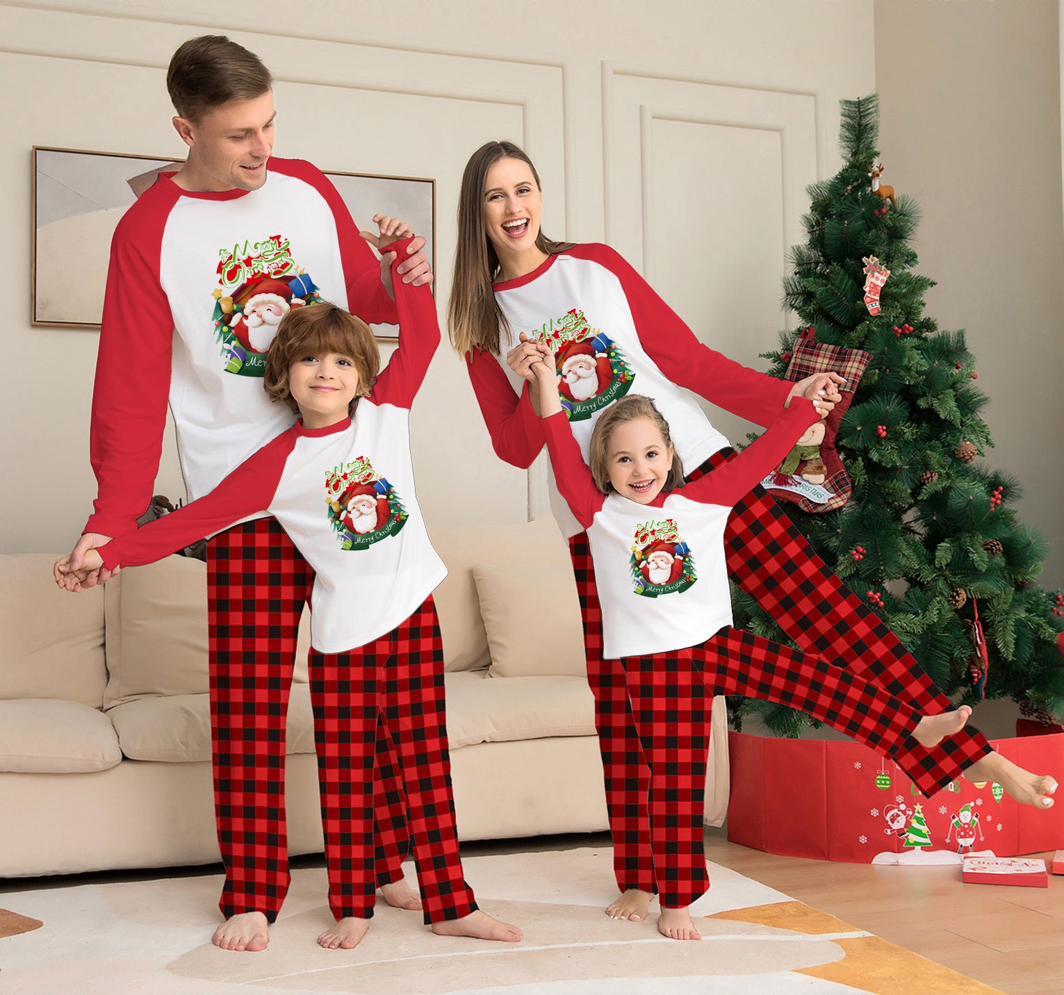 Matching Family Red and White Reindeer Christmas Pajama Set-Red-Theone Apparel
