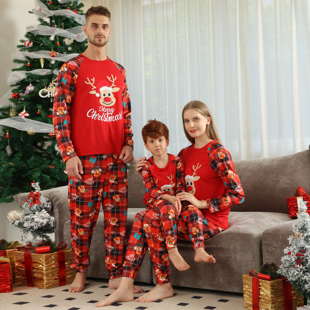 Merry Christmas Reindeer Red Plaid Matching Family Pajama Set-Theone Apparel