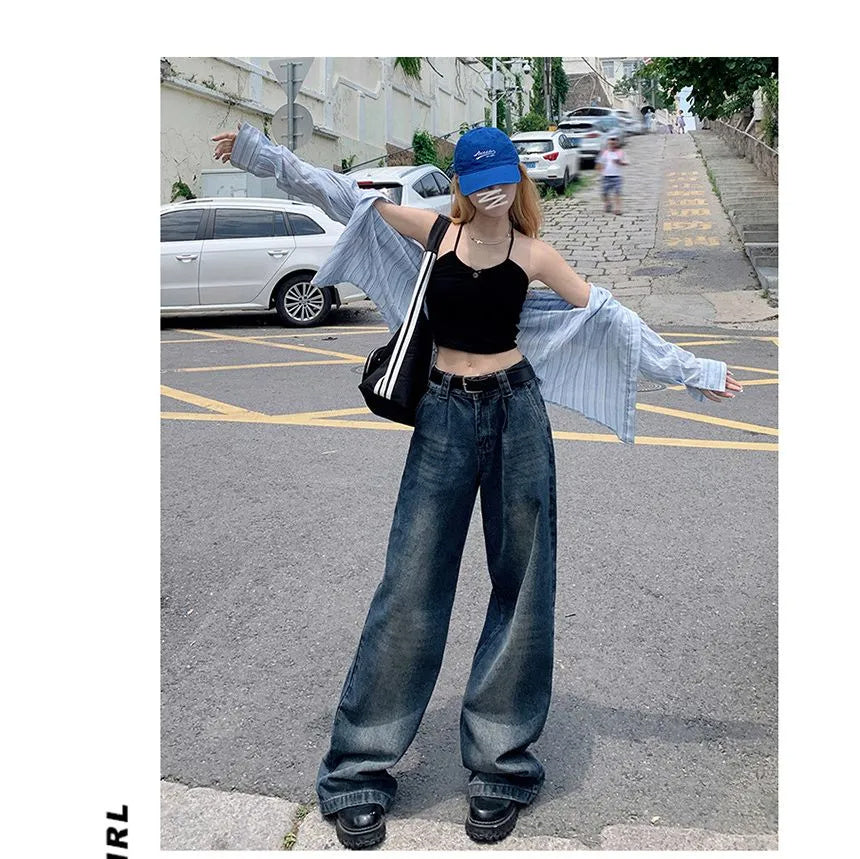 Mid-Rise Washed Wide-Leg Jeans with Relaxed Fit-Theone Apparel