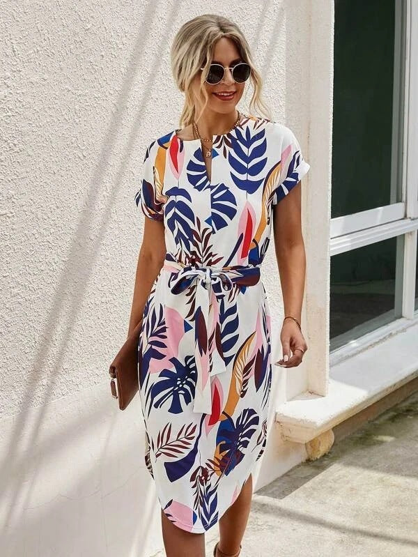 Modern Intriguing Lace-Up Side-Slit Dress with Bold Printed Details-Theone Apparel