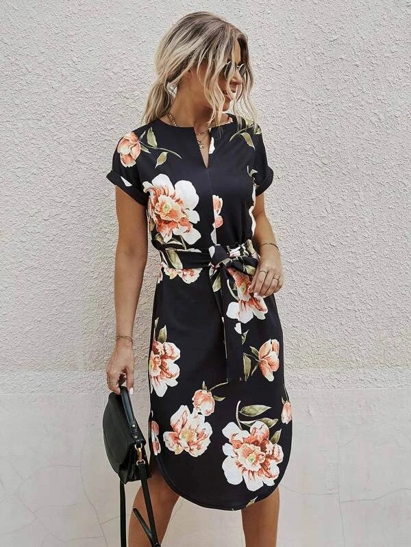 Modern Intriguing Lace-Up Side-Slit Dress with Bold Printed Details-Theone Apparel