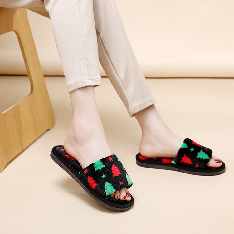 Multicolor Christmas Themed Fleece Open Toed House Shoes-Theone Apparel