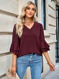 Women's Loose Fitting Silky Blouse with Bell Sleeves