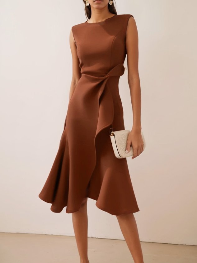 Red Sleeveless Round-Neck Dress with Elegant Temperament-Brown-Theone Apparel