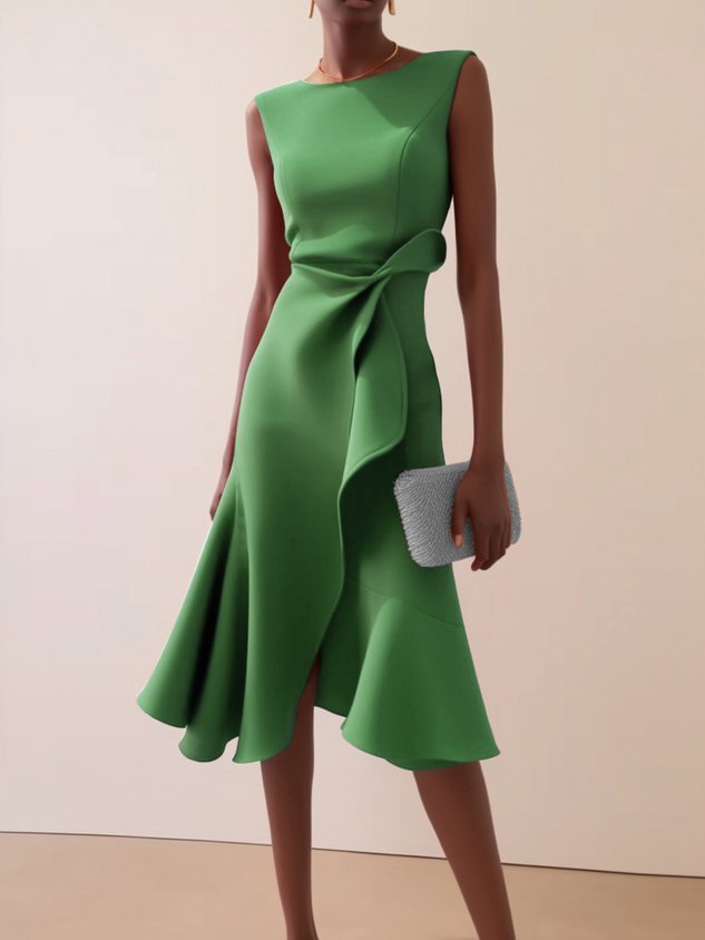 Red Sleeveless Round-Neck Dress with Elegant Temperament-Green-Theone Apparel