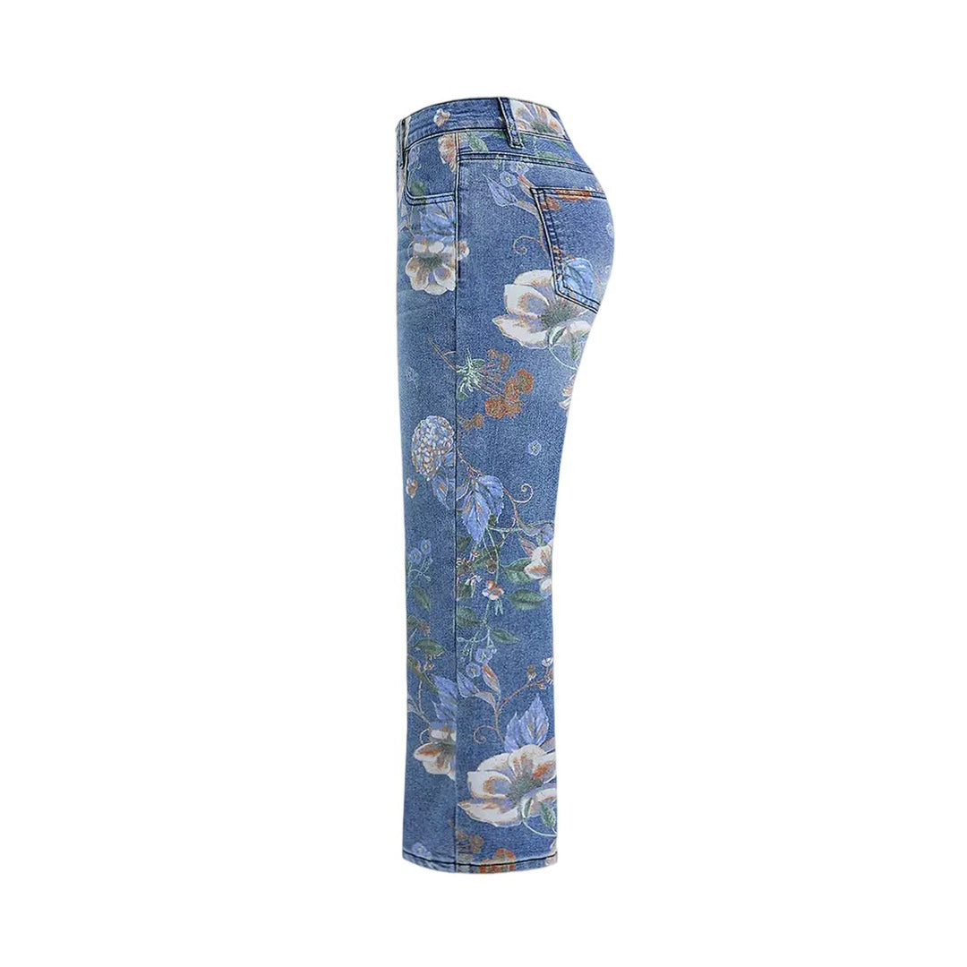 Seasonal Printed Straight-Leg Denim Pants for Artistic Flair-Theone Apparel