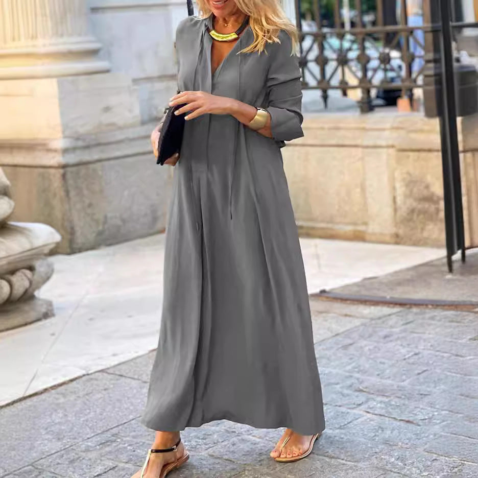 Simple V-Neck Long-Sleeve Dress in Solid Casual Comfort-Theone Apparel