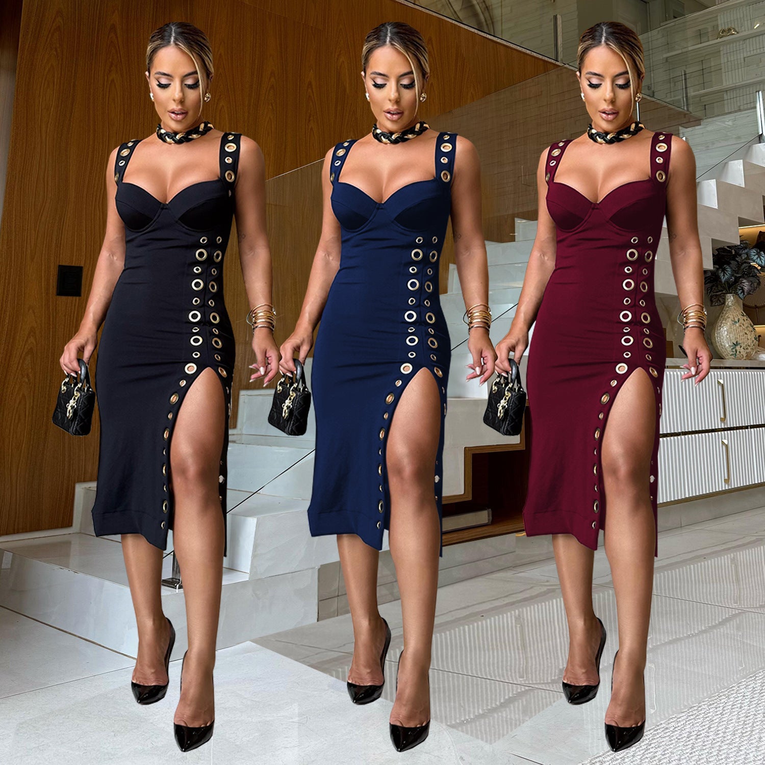 Slim-Fit Decoratively Buttoned Bodycon Dress for Evening Glamour-Theone Apparel