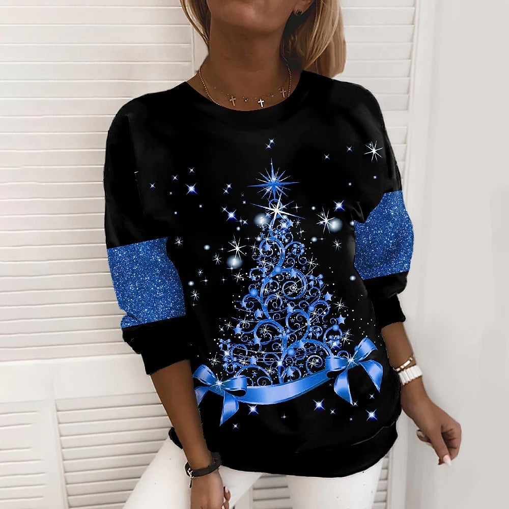 Sophisticated Christmas Black and White Sweater with Sparkly Tree-Blue-Theone Apparel