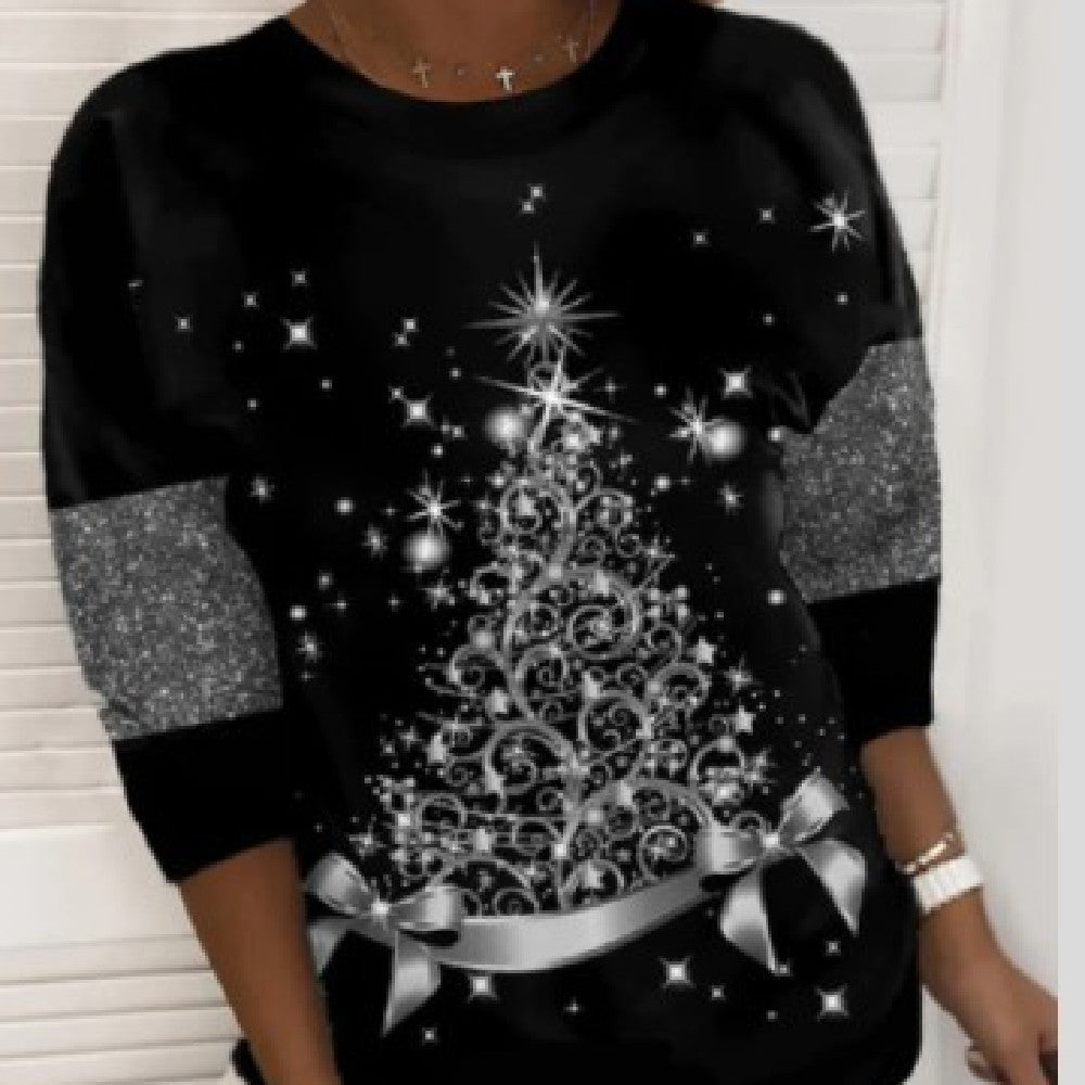 Sophisticated Christmas Black and White Sweater with Sparkly Tree-Silver-Theone Apparel