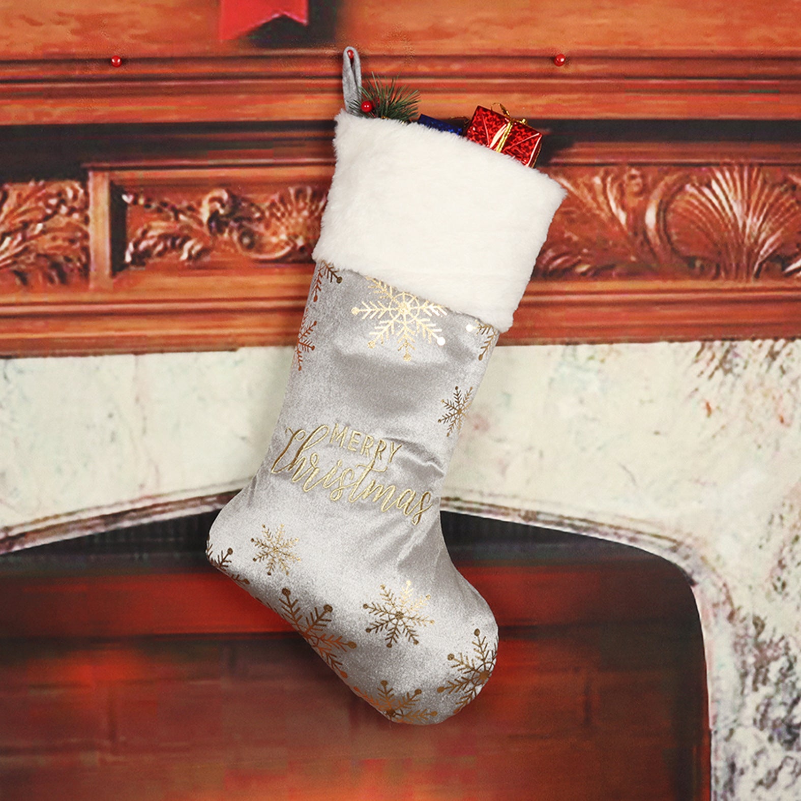 Sophisticated Christmas Stocking with Velvety Material and Soft Cuff-Gray-Theone Apparel