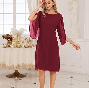 Sophisticated Irregular Sleeve Solid Chiffon Dress for Effortless Elegance-Theone Apparel