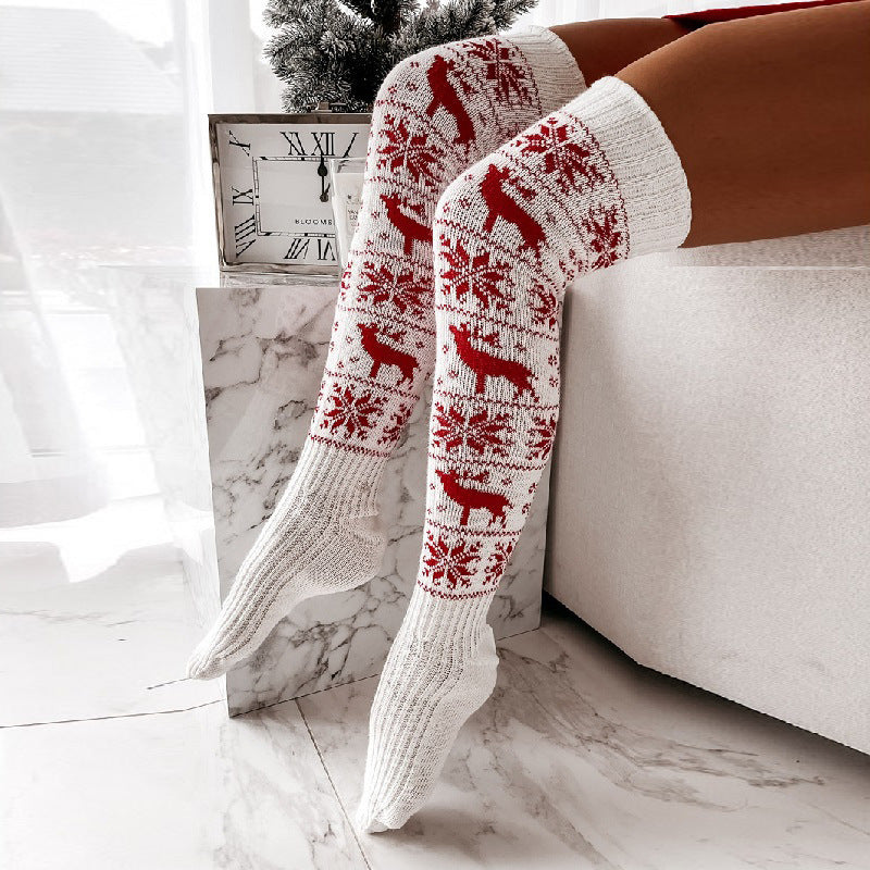 Thigh High Christmas Themed Knit Style Socks in Red and White-White-Theone Apparel