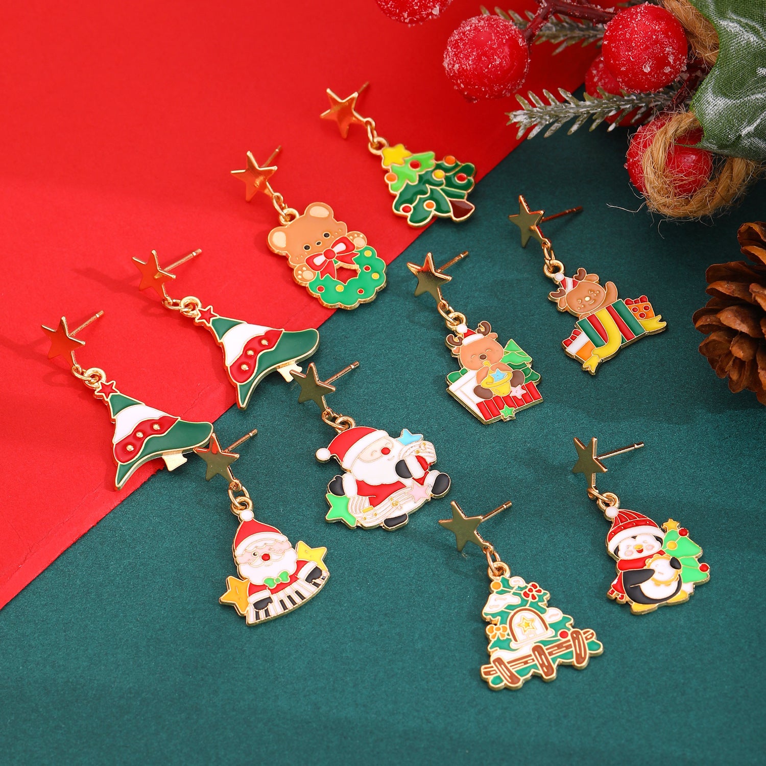 Whimsical Enamel and Metal Stud Back Christmas Themed Drop Earrings-Theone Apparel