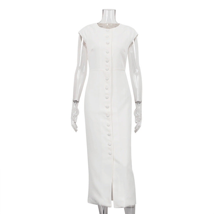 White Sheath Dress with Flying Sleeves and Single-Breasted Waist-Theone Apparel