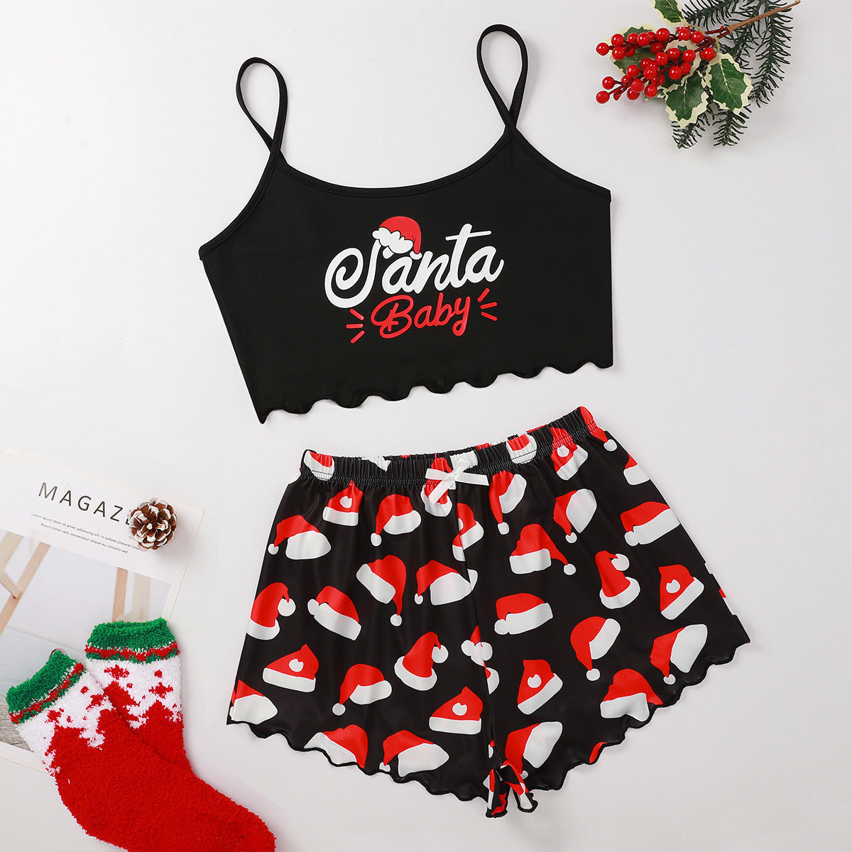 Women's Adorable Two Piece Christmas Pajama Crop Top and Shorts Set-Theone Apparel