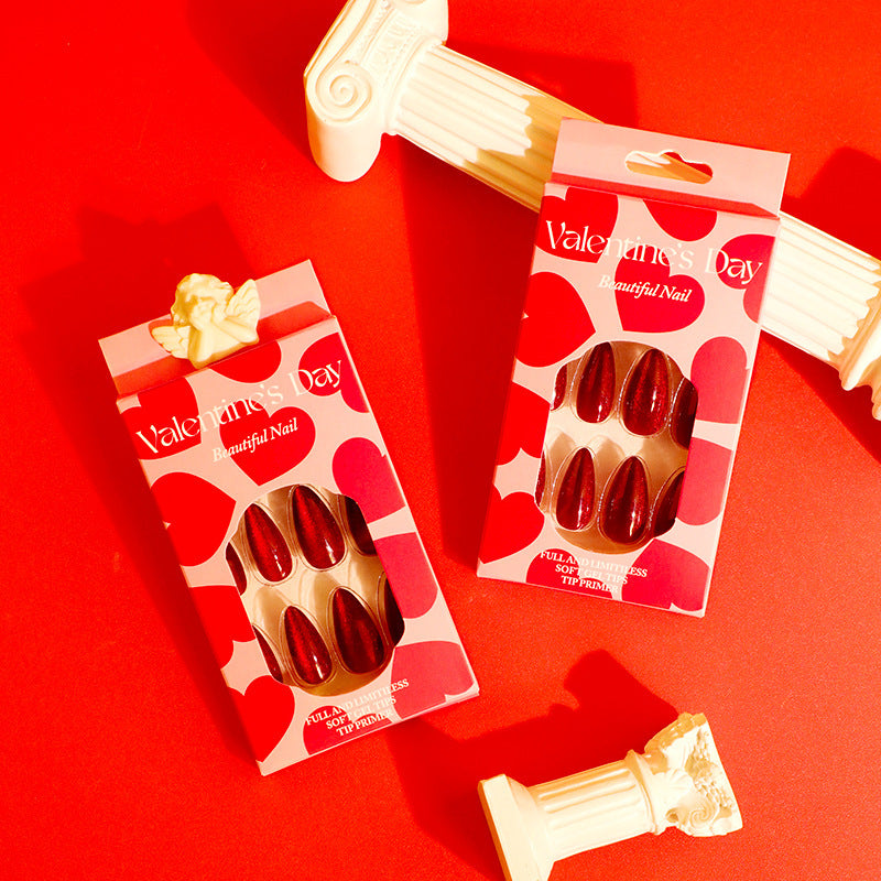 Women's Deep Red Valentine's Day Ballet Nail Set with Glue-Theone Apparel